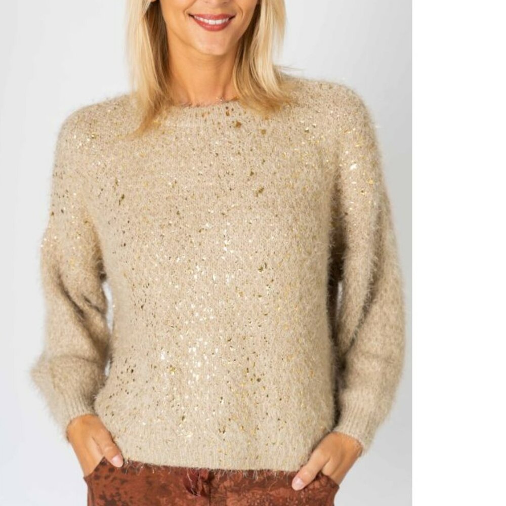 NWT Look Mode Fluffy Sweater With Shimmer On Front In Taupe
